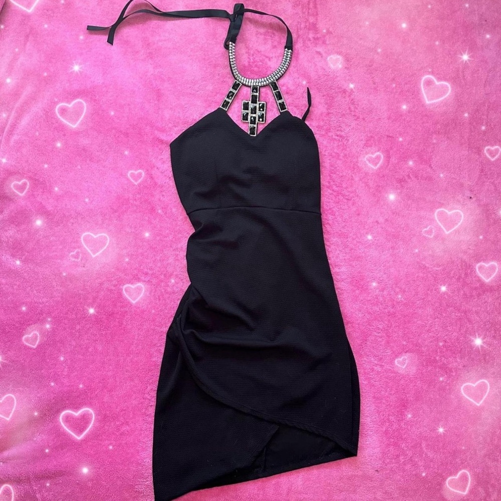 Y2K Black Halter Dress With Beads and Rhinestones
